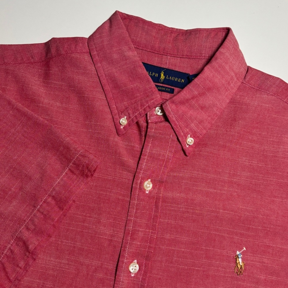 Ralph Lauren Classic Fit Heathered Slub Mens L Short Sleeve Button Down Shirt